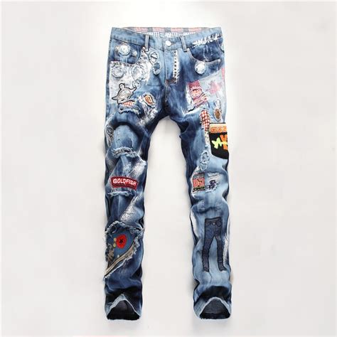 slim skinny jeans men torn ripped embroidery male jeans pants trousers