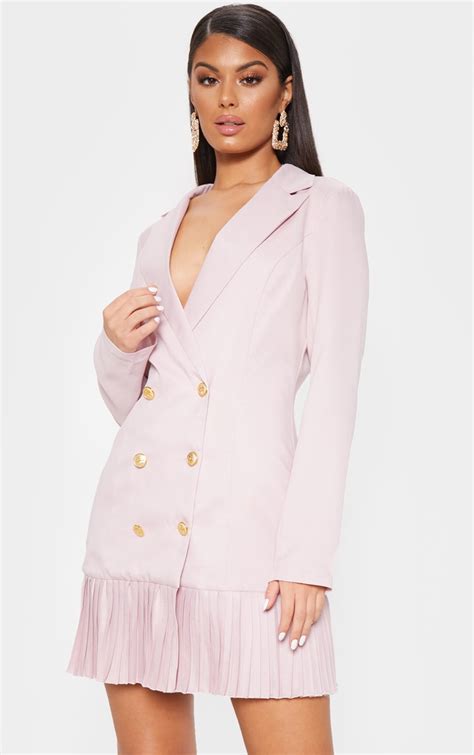 dusty pink pleated hem button detail blazer dress prettylittlething usa