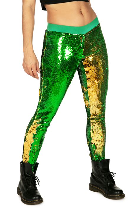 Green And Gold Reversible Sequin Mid Waisted Leggings Women S St