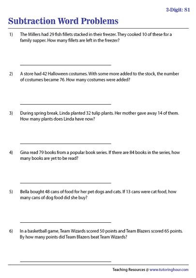 digit subtraction word problems worksheets