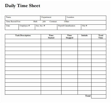 weekly time card template   daily time sheet printable