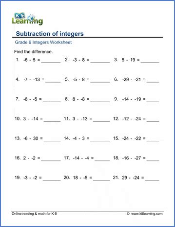 grade  integers subtracting integers    worksheets