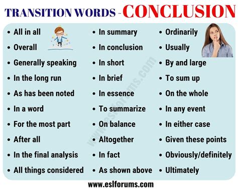 conclusion transition words  list examples esl forums