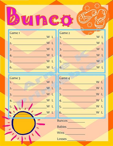 bunco summer fun printable score sheet  table markers instant