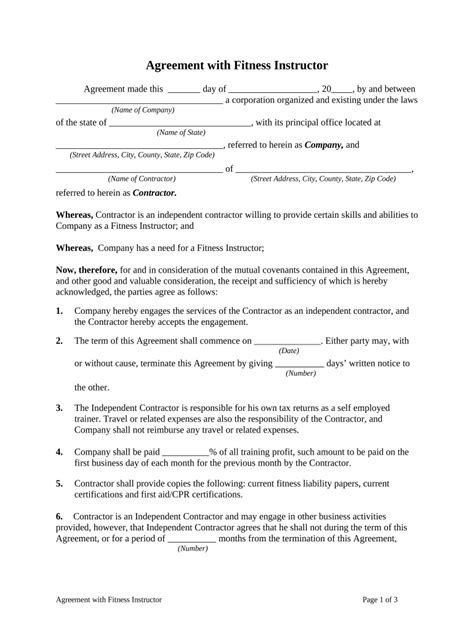 agreement fitness contract  template pdffiller
