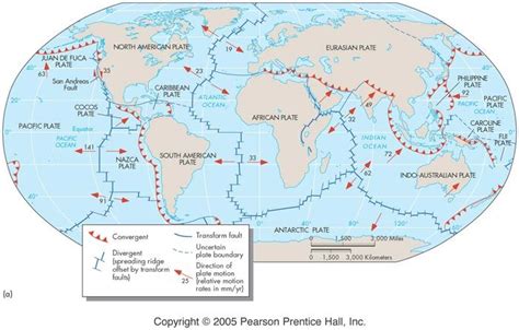 map showing  major tectonic plates plate boundaries  direction