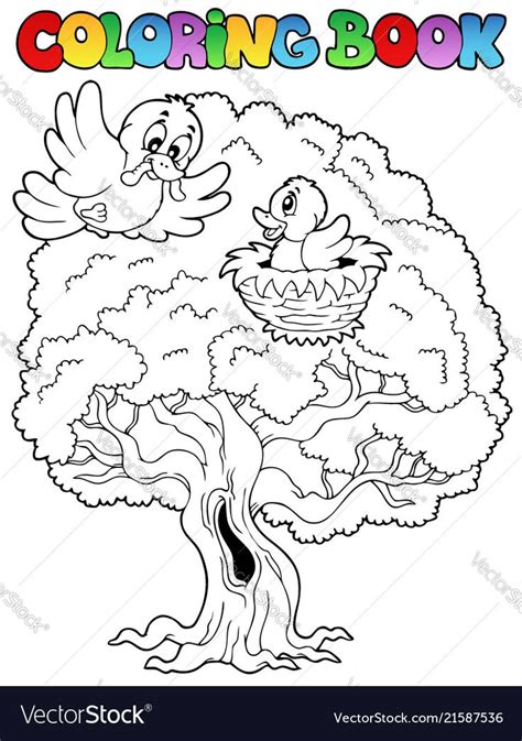 coloring book big tree  birds vector illustration