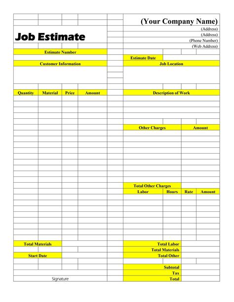 job estimate templates printable form    letter document etsy