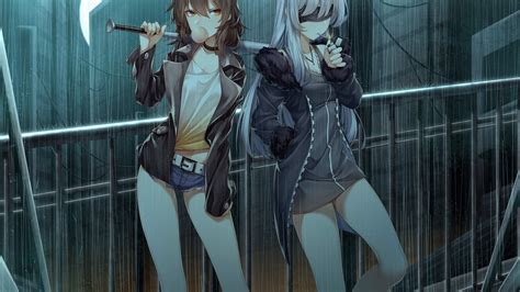 wallpaper anime girls original rain art dual