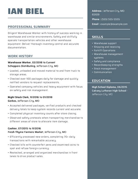 resume template  warehouse worker