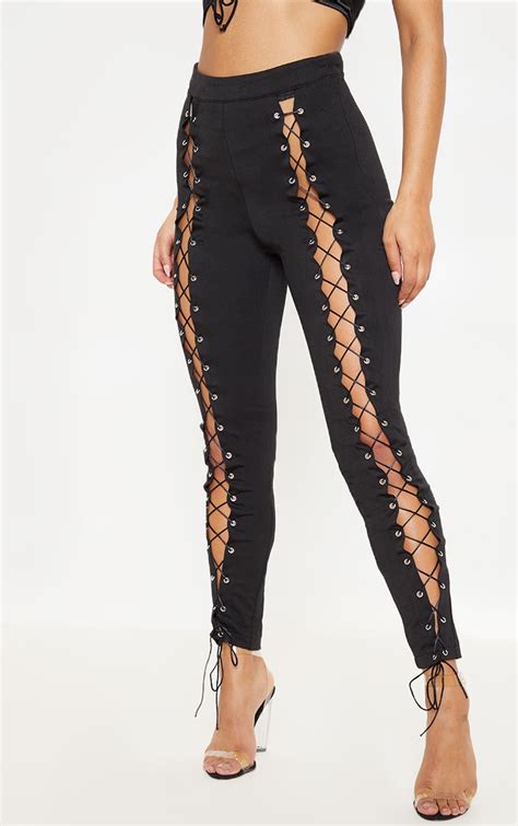 lynda black front lace up skinny trousers prettylittlething