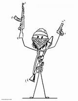 Stickman Coloring Pages Vector Ak Stickmen Wonder Guerilla Masked Islamic Warrior Cartoon sketch template