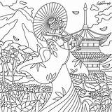Colouring Japonais Geisha Colorear Lineart Chinois Pagoda sketch template