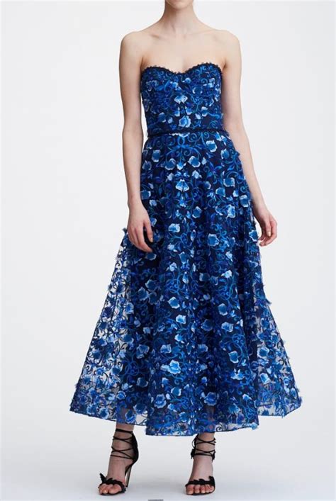 marchesa notte navy blue strapless floral embroidered midi dress poshare strapless floral