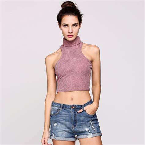 Crop Tops Women 2017 Fashion Tank Tops Female Turtleneck Sleeveless