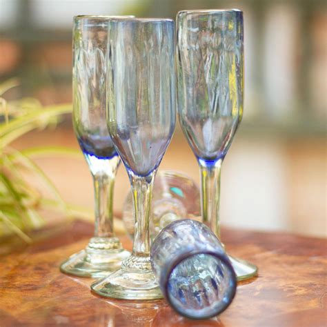 Hand Blown Blue Recycled Glass Champagne Flutes Set Of 6 Fiesta