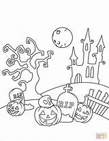 Halloween Coloring Scene Cemetery Pages Printable Cute Drawing Book sketch template