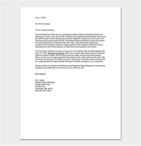 price rate increase letter formats  examples word