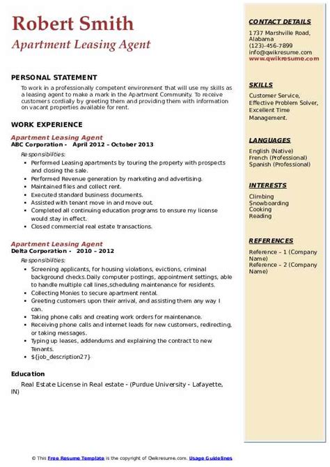 apartment leasing agent resume samples qwikresume