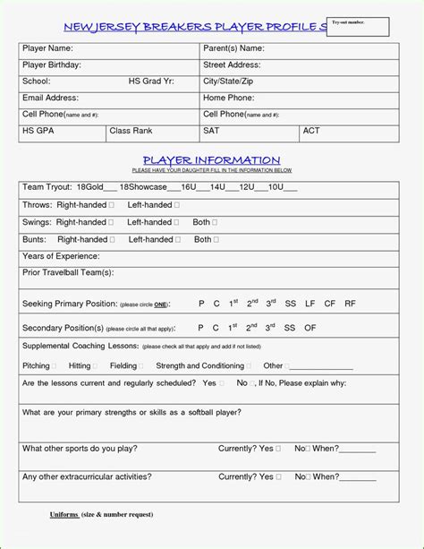 printable blank player profile template templates printable