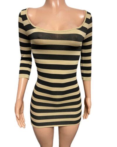 Sexy Tan Black Striped Seamless Bodycon 80s 90s Club Mini Dress New O