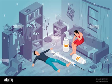 Addiction Isometric Concept With Two Drug Addict People In Messy Room