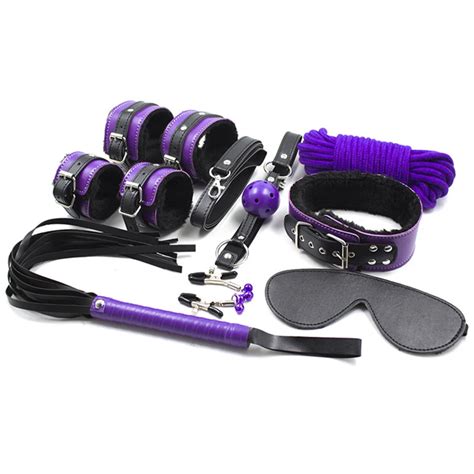 Domi 8pcs Set Purple Restraints Kits Plush Leather Adult Bdsm Bondage