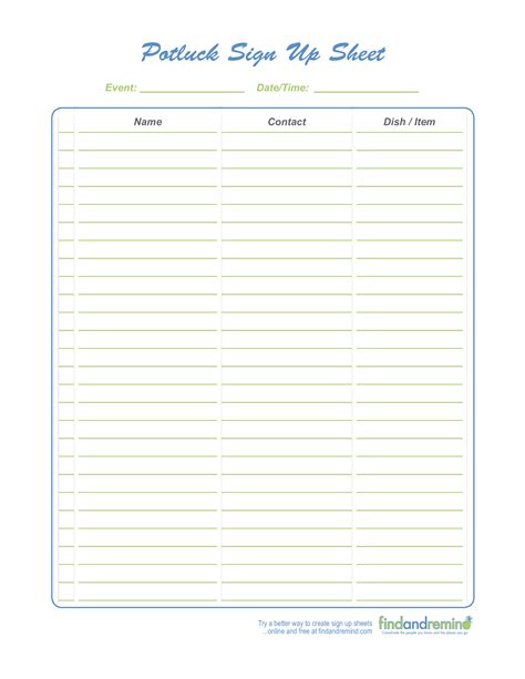 printable potluck sign  sheet template