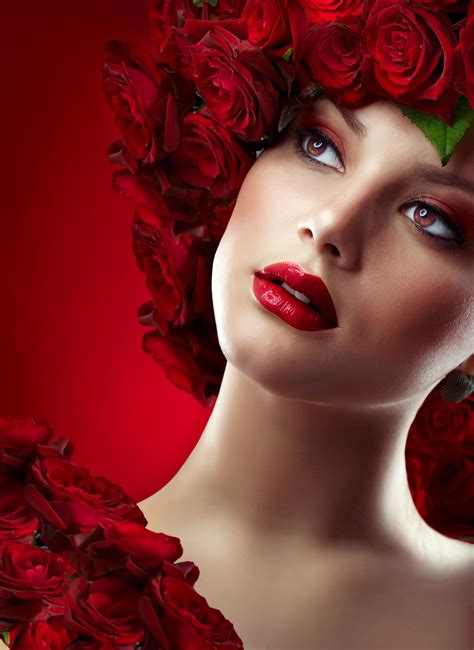 fashion model portrait  red roses cool digital photography