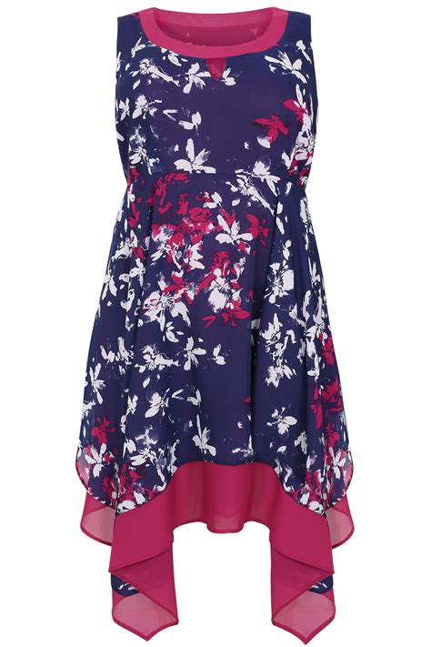 navy white and pink floral print hanky hem dress plus size