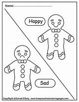 Man Gingerbread Worksheets Opposites Kids Kindergarten Preschool Coloring Pages Sad Happy Printable sketch template