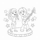 Singing Coloring Boy Girl Outline Cartoon Song Drawing Stage Kids Book Guitar Getdrawings sketch template