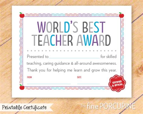 worlds  teacher award printable certificate