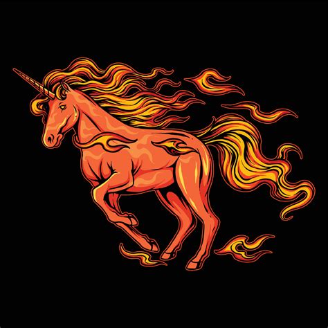 fire unicorn  horns  hair smoldering  burning fire running