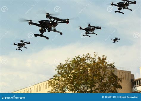 black drone army flying   city stock image image  city close