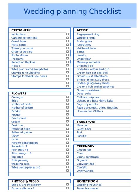 wedding checklist template fillable printable  forms