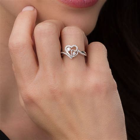 1 4 Ct T W Diamond Double Heart Bypass Promise Ring In Sterling