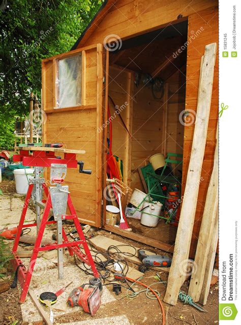 carpenters work bench  messy garden shed royalty