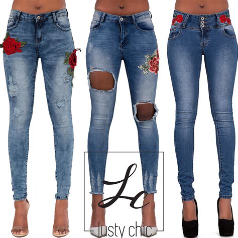 new womens ladies ripped jeans sexy skinny fit blue embroidered denim