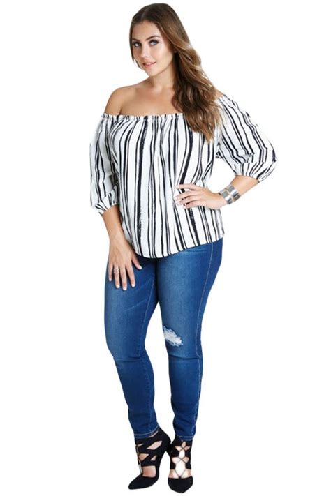 White Black Stripe Off Shoulder Women Plus Size Tops