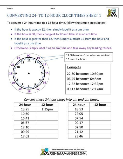hour clock conversion worksheets