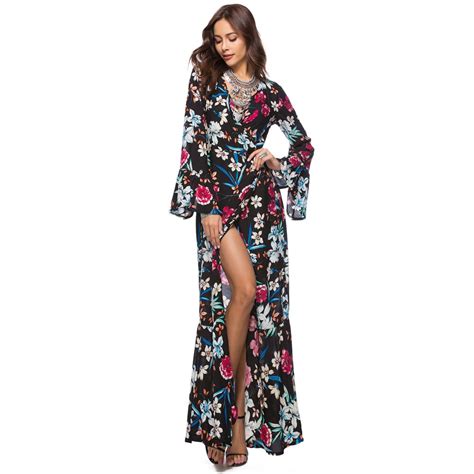 2018 Summer Beach Maxi Dress Women Floral Print Long Sleeve Plus Size