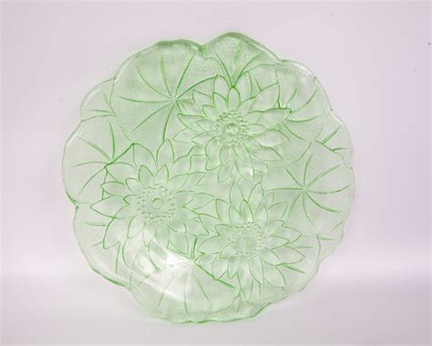 vintage olive green glass lily pons pattern dish scalloped