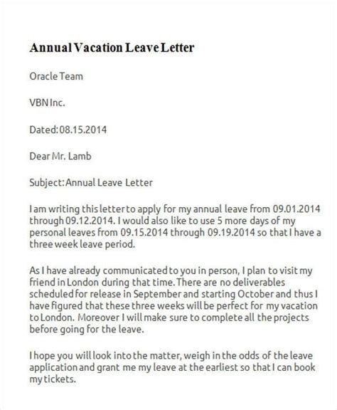 letter  vacation request   leave letter samples  word apple