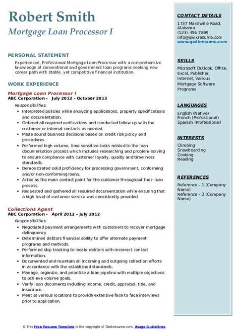 mortgage loan processor resume samples qwikresume