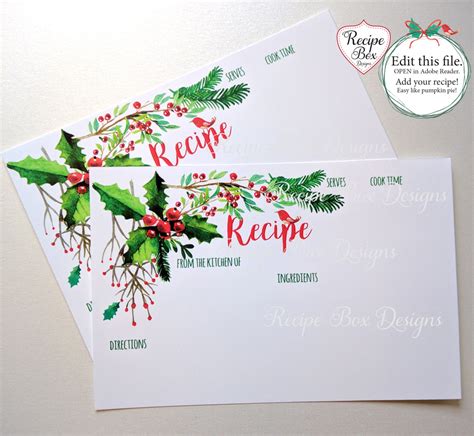 christmas holiday recipe cards printable holiday recipe cards