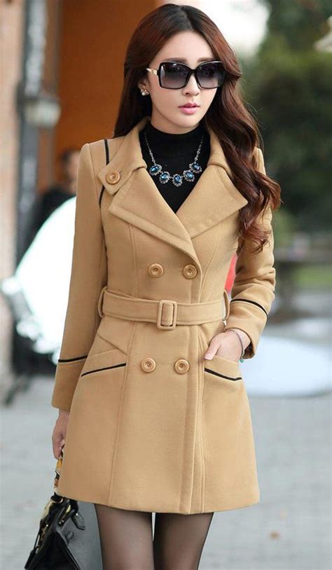 women s coat wool trench pockets double breasted long slim elegant