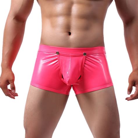 faux leather underwear mens sexy wet look underpants removable bulge