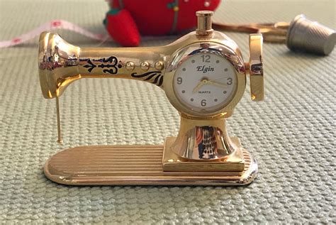 sewing machine clock miniature elgin clock tiny sewing machine collectible sewing room decor