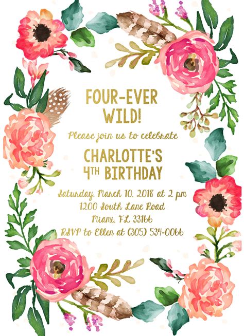 Fourever Wild Birthday Invitation Four Ever Wild Boho